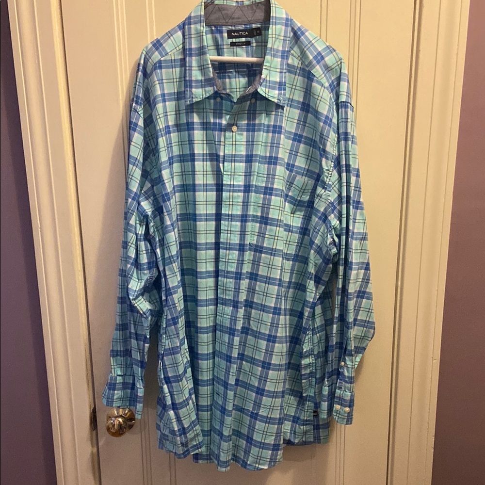 Nautica Casual Blue and Green Plaid Shirt